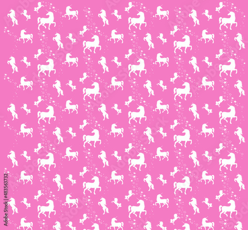 Unicorns on pink background. Magical, fantasy unicorn or baby unicorn print - seamless pattern for kids room decor or baby shower or baby birthday card with cute stars.