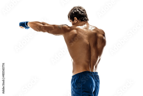 Back view of boxer who training and practicing jab on white background. sport, healthy lifestyle.