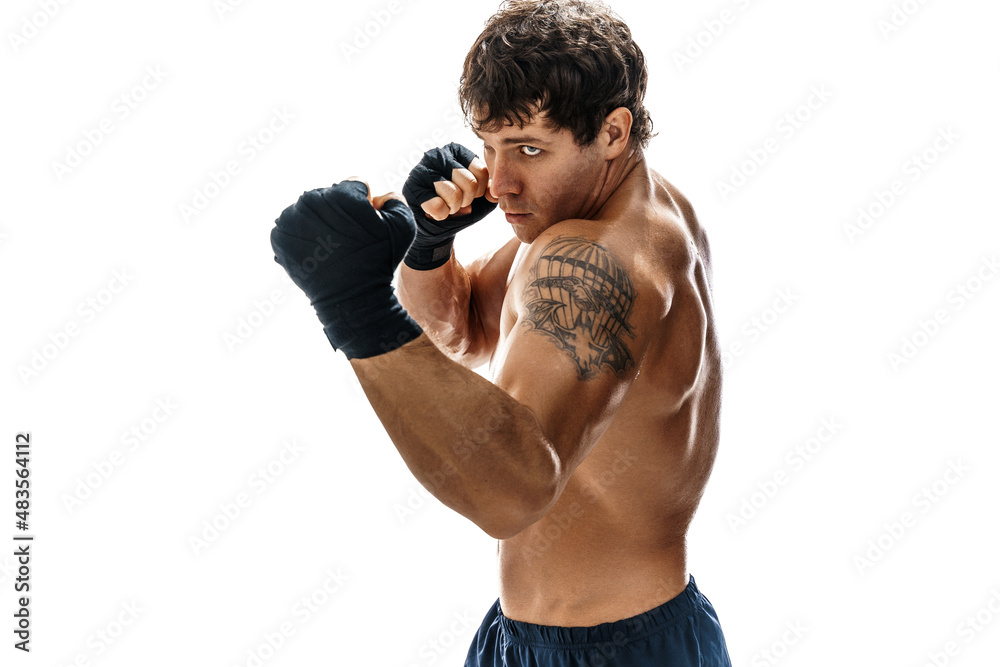 Portfolio of male boxer who training and practicing uppercut on white background. sport concept Portfolio of male boxer who training and practicing uppercut on white background. sport concept