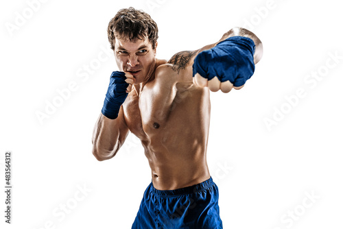 Front view of male boxer who training and practicing on white background. sport, healthy lifestyle.