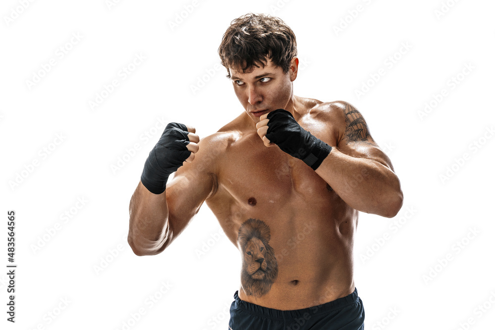 Portrait of boxer who training and practicing on white background. sport, healthy lifestyle.