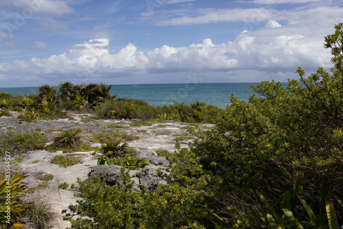 Caribbean landscape of Tulum in the Riviera Maya in Mexico, an ideal place to go on a tourist vacation to America's paradise in summer, enjoy a warm tropical climate and turquoise waters.