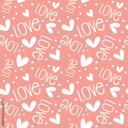 Romantic seamless pattern with hearts and lettering.