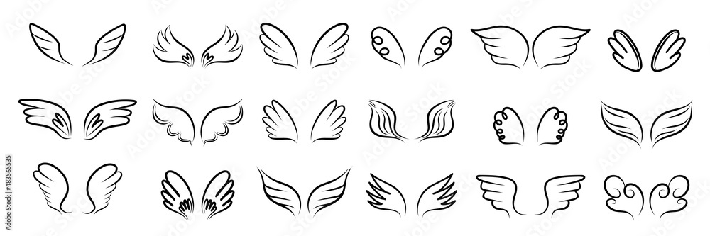 Wings. Hand drawn bird and angel outline elements. Angelic emblem, black pencil line drawing, icon collection, sketch style feather, vector isolated set Wings. Hand drawn bird and angel outline elements. Angelic emblem, black pencil line drawing, icon collection, sketch style feather, vector isolated set