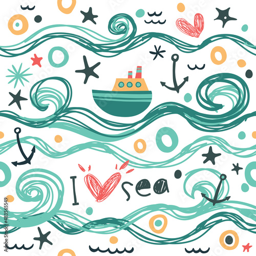 Seamless pattern in the concept of children's drawings. Vector background "I love the sea" © Elena Melnikova