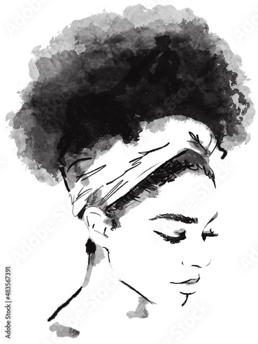 Portrait beautiful African woman in traditional turban. Dhuku. Painting head wrap Afro hair. black afro woman silhouette isolated with traditional ethnic empty background, hairstyle concept photo