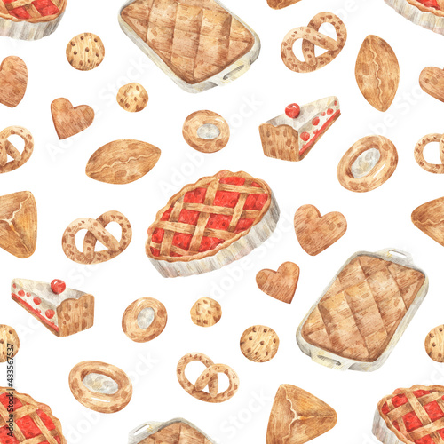 Watercolor seamless patern with  cake, buns, cherry pie, pretzels, cookies. Hand-drawn texture with homemade pastries. 