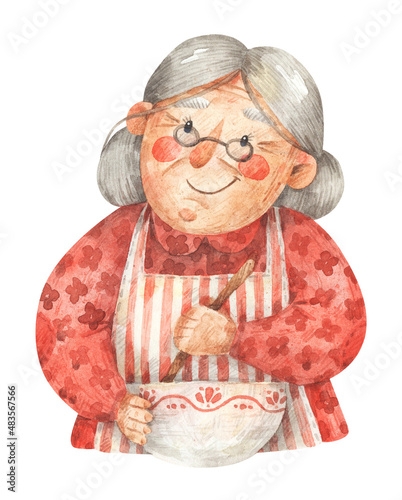Old lady cooks. Watercolor hand-drawn illustration of grandmother with a bowl and spoon