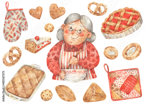 Old lady cooks. Watercolor set of illustrations - grandmother with a bowl and spoon, cake, buns, cherry pie, pretzels, cookies. Hand-drawn pictures of homemade pastries. 