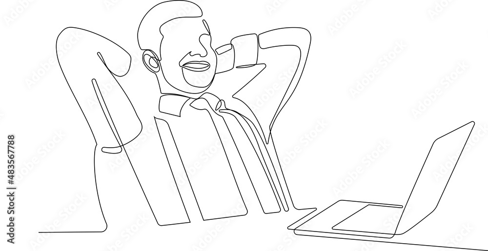 One single line drawing of young happy calm millennial man in glasses sit relax at home office workplace Vector illustration