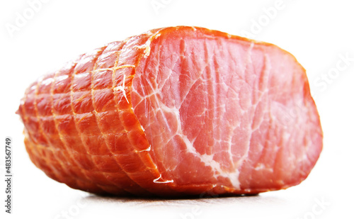 Piece of smoked ham isolated on white. Meatworks product