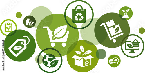 Ecological product and packaging vector illustration. Green concept with connected icons on environmentally friendly shopping or ecommerce, sustainable procurement or purchasing, shipping & delivery.