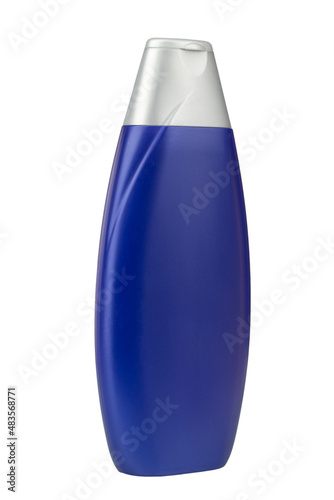 Blue bottle shampoo, isolated on white background. Cosmetic bottle.