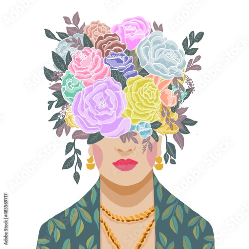 Illustrazione di donna messicana mazzo di rose al posto dei capelli  photo