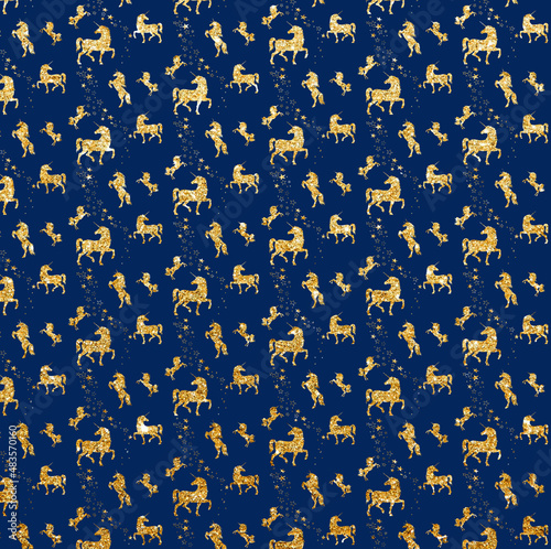 Unicorn pattern. Magical Golden glittering unicorns. Golden Seamless pattern with cute unicorns on blue background, stars, abstractions. Magic background with little unicorns illustration.