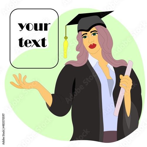 graduate girl in robe and hat, holding scroll about graduation from school, institute, master's degree, and pointing to an empty field FOR YOUR TEXT. Suitable for banners, posters, graduation albums, 