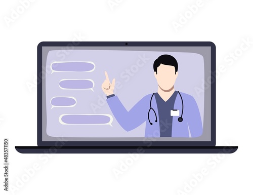 doctor conducts online consultation, telemedicine illustration. chat with a doctor. laptop isolated flat vector