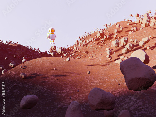 Fotografi 3d render of cartoon white astronaut flying at red planet with stones, low gravity