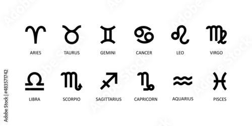 Set of zodiac signs in flat black and white style