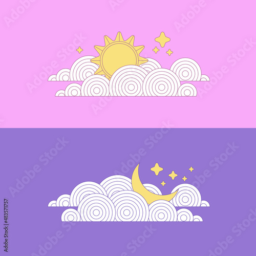 Day and night. The sun and the moon behind the clouds. Cute baby vector illustration.
