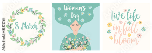 women's day, a set of three postcards for women's day, a girl with a bouquet of spring flowers, a wreath of spring flowers and lettering with a motivating inscription