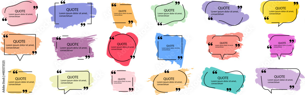 Collection of quote box frames and icons. Text in brackets. Blank template of quote remarks. Empty speech and quote bubbles of different forms. Textbox on color background. Vector illustration. EPS 10