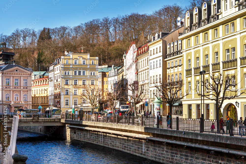 Fototapeta premium Karlovy Vary, Czech Republic, March 26, 2012. View of the river and embankments in Karlovy Vary.
