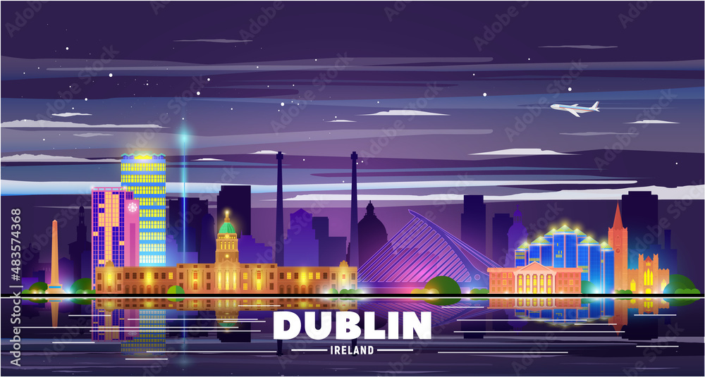 Naklejka premium Dublin, ( Ireland ) city night skyline vector illustration white background. Business travel and tourism concept with modern buildings. Image for presentation, banner, web site.
