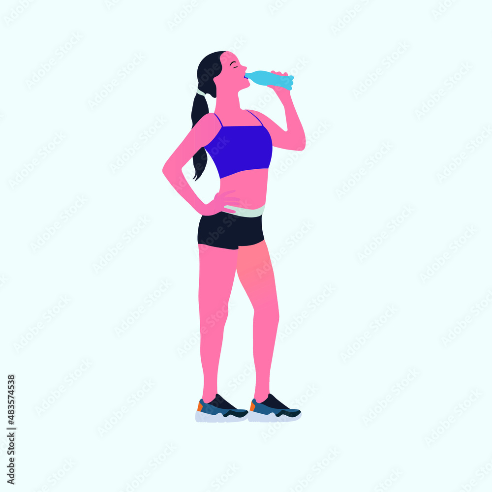 Young female athlete drinking water after workout, Illustration of woman drinking water, sports woman drinking energy drink during break Young female athlete drinking water after workout, Illustration of woman drinking water, sports woman drinking energy drink during break