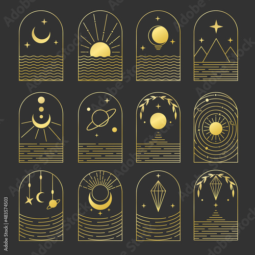 Set of golden magic logos in boho style. Line minimal bohemian icons with sun, moon, stars, lithotherapy minerals, sea, outer space, saturn and planets, esoteric symbols, simple tattoo