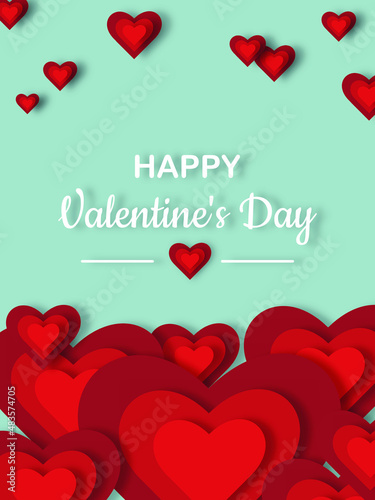 Greeting vertical romantic card with red hearts on blue background in paper cut style for happy people. Valentine's day modern poster design. Vector