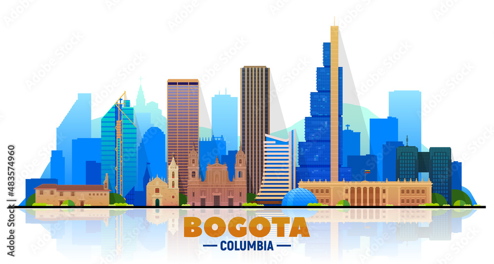 Fototapeta premium Bogota ( Columbia ) city skyline with white background. Flat vector illustration. Business travel and tourism concept with modern buildings. Image for banner or website.