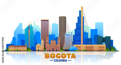 Bogota ( Columbia ) city skyline with white background. Flat vector illustration. Business travel and tourism concept with modern buildings. Image for banner or website. photo