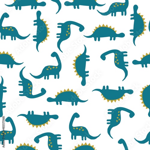 Seamless dinosaur pattern. Cute turquoise dinosaurs on a white background. Fashionable print for wallpaper and packaging.