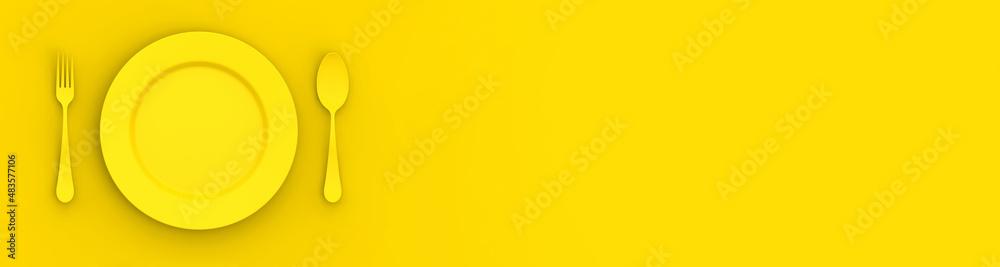 Plate of yellow color on yellow background. Next to plate are yellow spoon and fork. Table items. Horizontal image. Banner for insertion into site. 3D image. 3D rendering. Plate of yellow color on yellow background. Next to plate are yellow spoon and fork. Table items. Horizontal image. Banner for insertion into site. 3D image. 3D rendering.