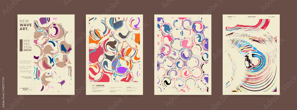 Abstract aesthetic poster artwork design with inked bubble shape. Vector bright fashion cover template with typography and geometric ink pattern.