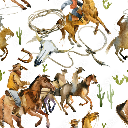 American cowboy seamless pattern. Running horse. Wild west. watercolor tribal texture. equestrian illustration