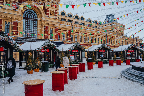 Christmas fair in Nizhny Novgorod. Festive decorations and beautiful pavilions. Exhibition Hall of the Nizhegorodskaya Yarmarka Fair. 