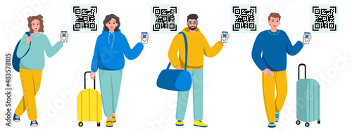 Young, adult people with luggage, bags show the QR code of the Covid-19 vaccine on the phone. Travel is allowed. Men and women with a verified vaccination certificate. Isolated vector