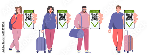 Young, adult people with luggage, bags show the QR code of the Covid-19 vaccine on the phone. Travel is allowed. Men and women with a verified vaccination certificate. Isolated vector