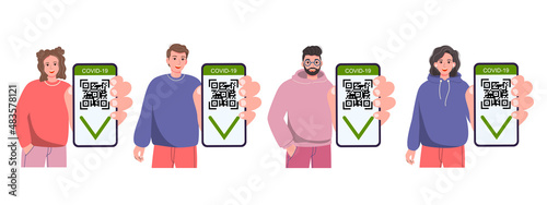 Young, adult people show the QR code of the Covid-19 vaccine on the phone. Travel is allowed. Men and women with a verified vaccination certificate. Isolated vector