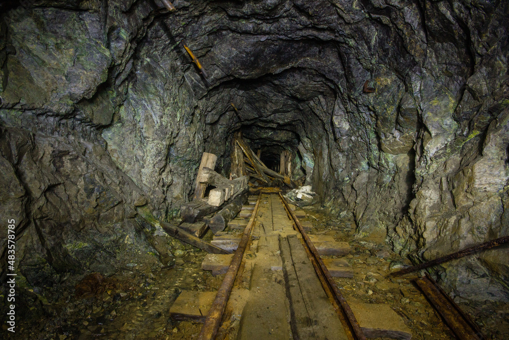 Naklejka premium Underground gold mine tunnel with wooden timbering and rails