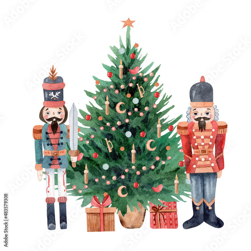 Watercolor Nutcracker soldiers with Christmas tree and gifts. Christmas fairy tale Illustration isolated on white 