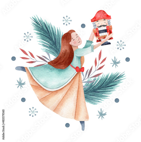 Christmas Nutcracker ballet Watercolor Illustration. Ballerina with Nutcracker isolated on white background.