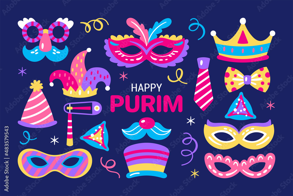 Purim holiday cute carnival costume masks and elements set. Childish print for greeting cards, posters, invitations and stickers.