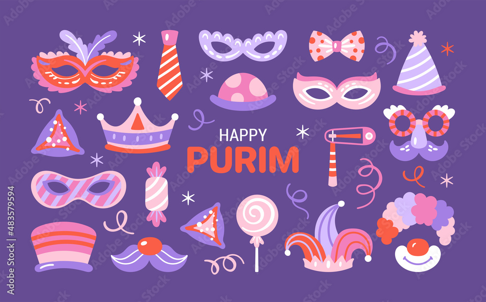 Purim holiday cute carnival costume masks and elements set. Childish print for greeting cards, posters, invitations and stickers.