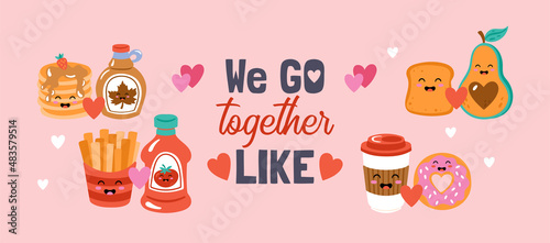 Valentines day cute funny food set Childish print for cards, stickers, apparel and party invitations