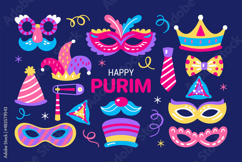 Purim holiday cute carnival costume masks and elements set. Childish print for greeting cards, posters, invitations and stickers.