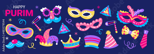 Purim holiday cute carnival costume masks and elements banner design. Childish print for greeting cards  posters  invitations and stickers.