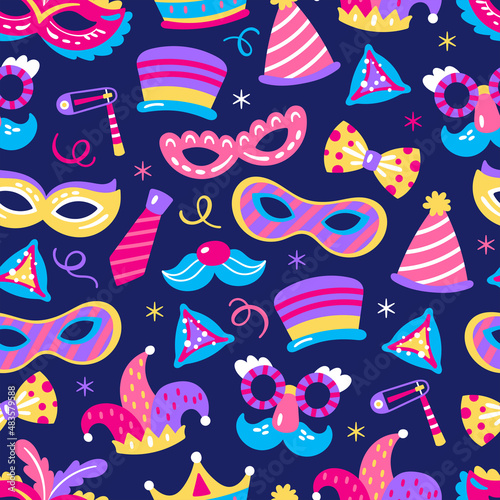 Seamless pattern design for Purim holiday with cute carnival costume mask. Childish background for wrapping paper, textile and wallpaper.